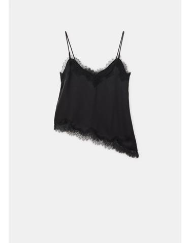 망고 레이스 트림 새틴 파인 스트랩 탑 37061457_99 NEGRO