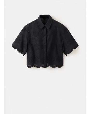 망고 레귤러핏 자수 크롭 반팔 셔츠 37022529_99 NEGRO