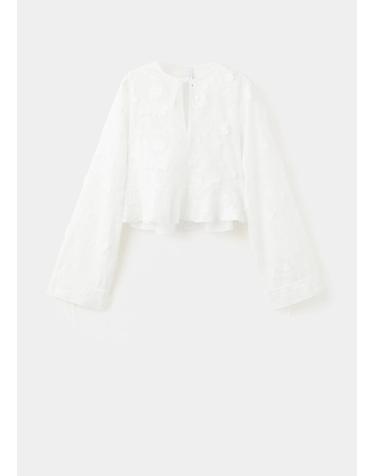 망고 플로럴 자수 브이넥 러플 블라우스 37084100_01 BLANCO