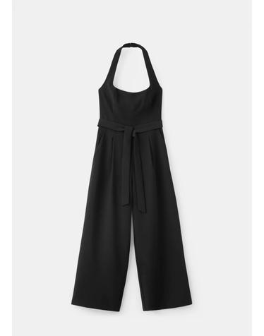 망고 홀터넥 벨트 크롭 와이드 점프수트 37043274_99 NEGRO