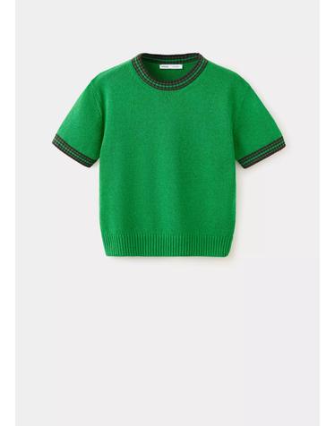 망고 배색 트림 라운드넥 반팔 니트 티셔츠 37092554_43 VERDE