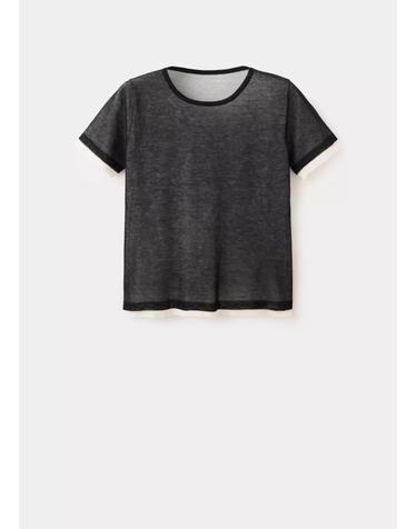 망고 콤비 라운드넥 반팔 니트 티셔츠 37044086_99 NEGRO