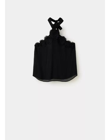 망고 플라워 쉬폰 홀터넥 민소매 탑 37064093_99 NEGRO