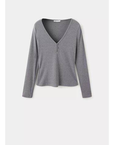 망고 브이넥 골지 슬림핏 긴팔 티셔츠 37054075_92 GRIS