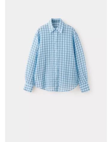망고 체크 라이오셀 오버핏 긴팔 셔츠 37034089_50 AZUL CELESTE