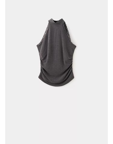 망고 레이스 디테일 하이넥 민소매 탑 37044111_92 GRIS