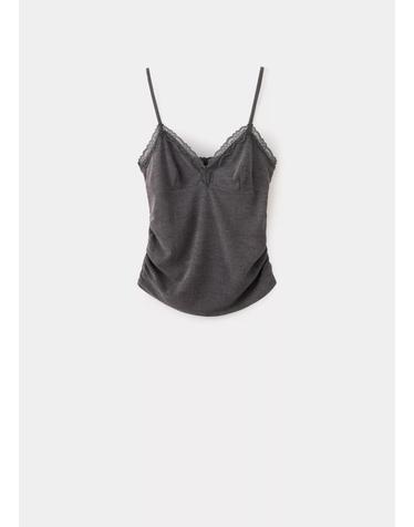 망고 레이스 브이넥 스트랩 민소매 탑 37064110_92 GRIS