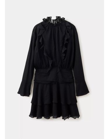 망고 러플 라운드넥 긴팔 미니 원피스 37093891_99 NEGRO