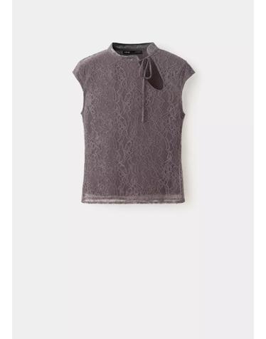 망고 레이스 리본 컷아웃 반팔 탑 37054799_92 GRIS