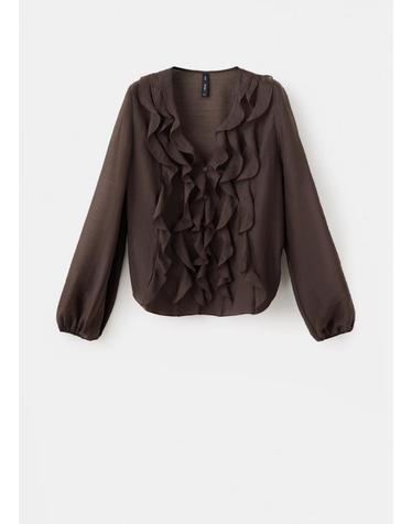 망고 라이오셀 러플 브이넥 블라우스 37015857_30 MARRON