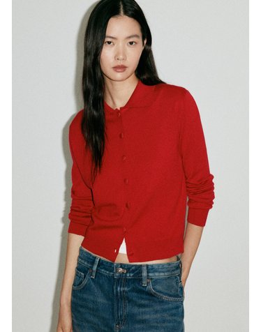 망고 폴로 칼라 버튼 레귤러핏 니트 가디건 37025854_70 ROJO