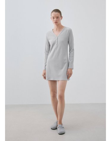 망고 브이넥 버튼 긴팔 잠옷 원피스 37082914_92 GRIS