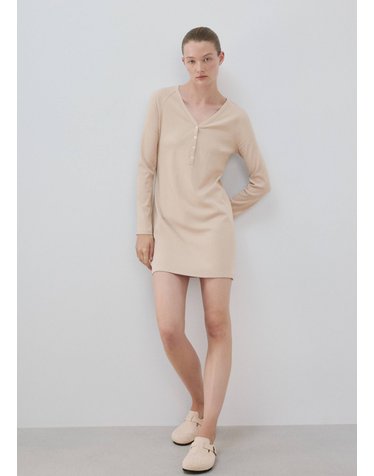 망고 브이넥 버튼 긴팔 잠옷 원피스 37082914_08 BEIGE