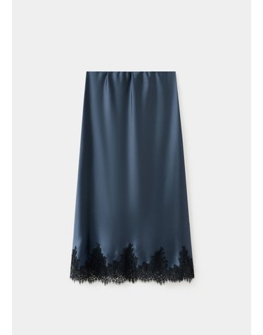 망고 새틴 레이스 헴 미디 스커트 37057942_56 AZUL MARINO