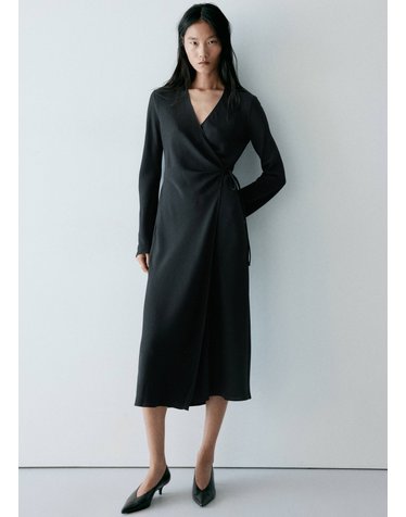망고 리본 랩 긴팔 미디 원피스 37017795_99 NEGRO