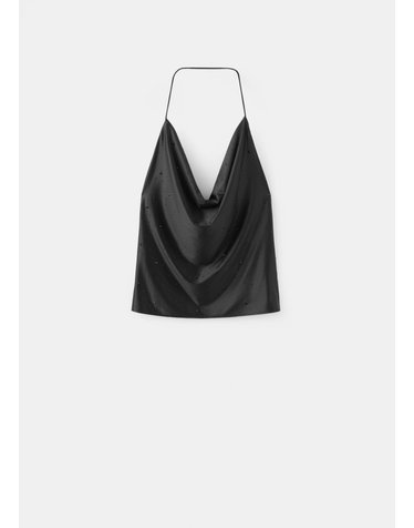 망고 스트라스 홀터넥 크롭 탑 37039135_99 NEGRO
