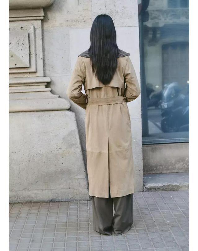 망고 망고 스웨이드 벨트 롱 트렌치 코트 27064433_35 MARRON MEDIO 베이지 착용컷