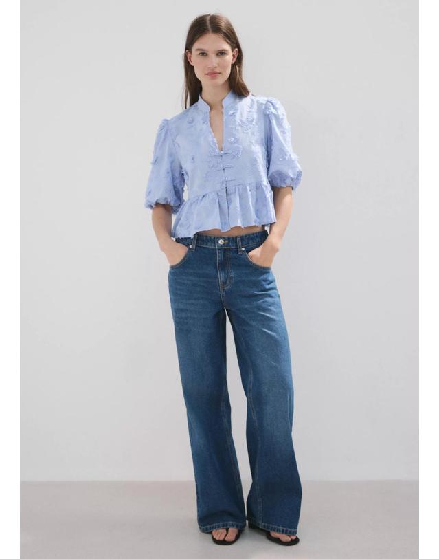 망고 망고 자수 퍼프 소매 블라우스 37092901_50 AZUL CELESTE 블루 착용컷