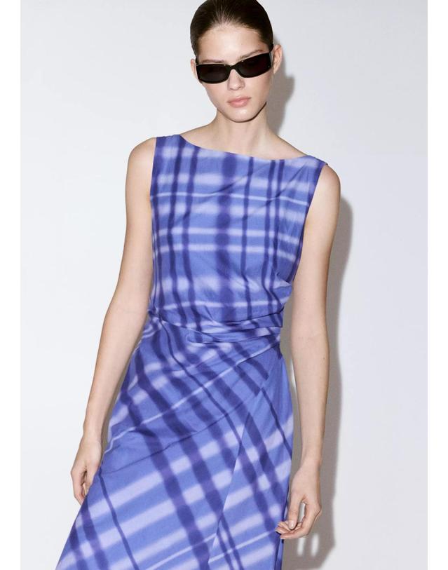 망고 망고 100% 코튼 체크 미디 원피스 37041463_52 AZUL 블루 착용컷
