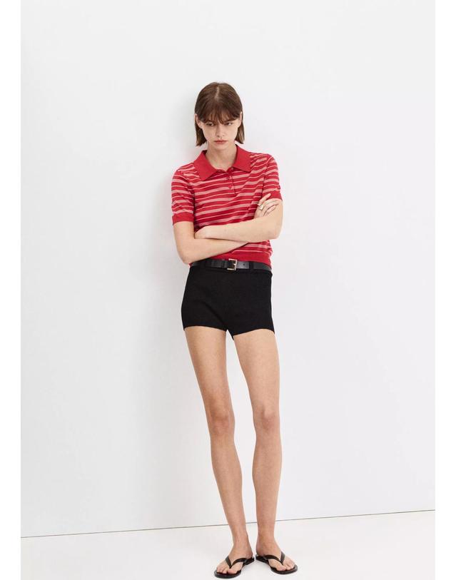 망고 망고 스트라이프 폴로넥 반팔 니트 티셔츠 37043275_70 ROJO 레드 착용컷