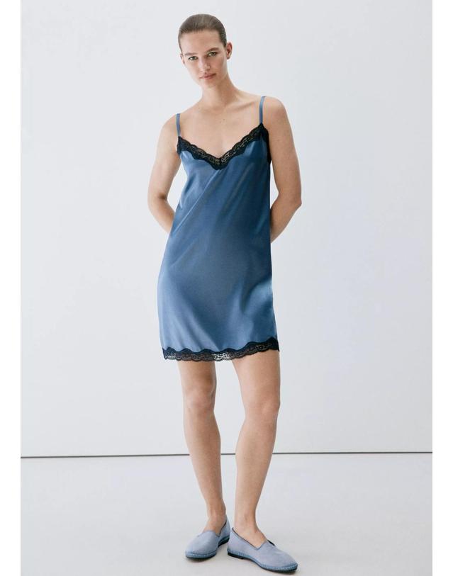 망고 망고 실크 레이스 브이넥 슬립 미니 원피스 37042917_52 AZUL 블루 착용컷