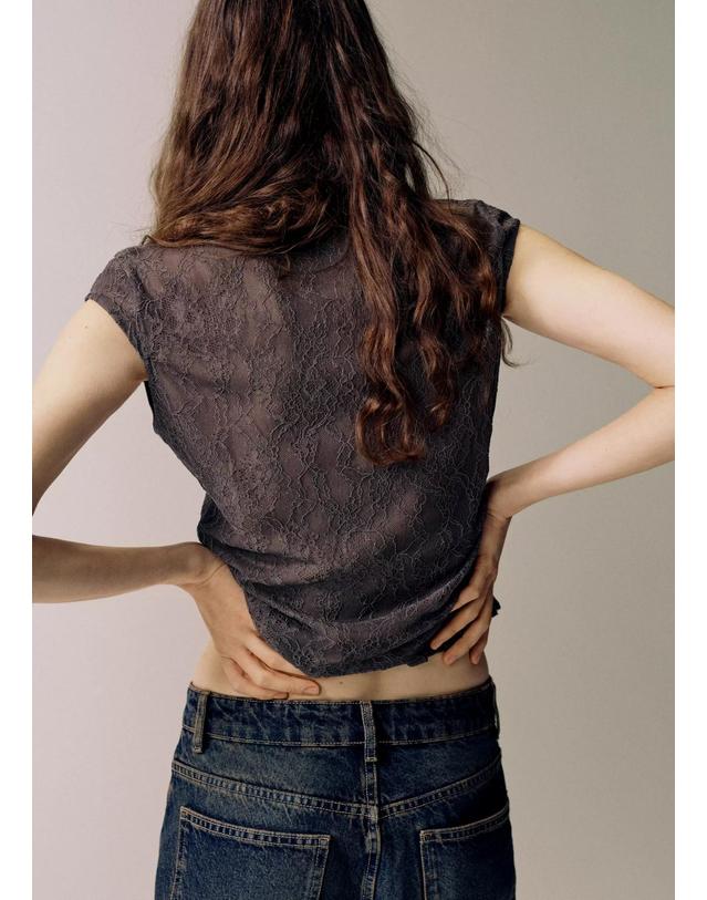 망고 망고 레이스 리본 컷아웃 반팔 탑 37054799_92 GRIS 그레이 착용컷