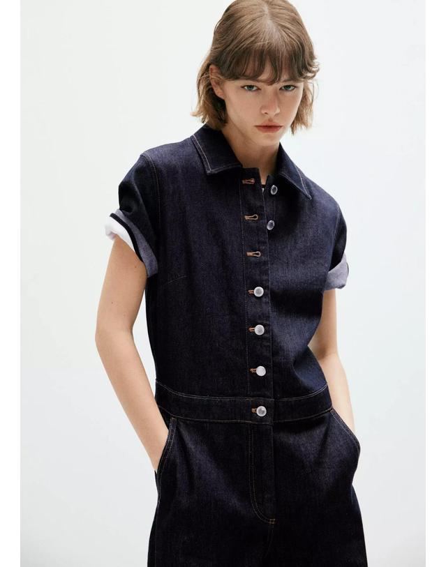 망고 망고 레귤러핏 반팔 데님 점프수트 37074088_TS AZUL 네이비 착용컷