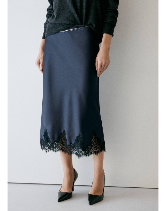 망고 망고 새틴 레이스 헴 미디 스커트 37057942_56 AZUL MARINO 네이비 착용컷