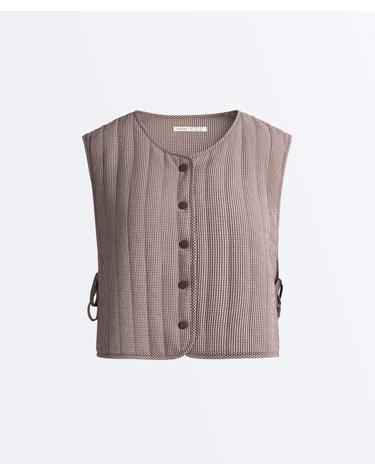 오이쇼 깅엄 패턴 퀼팅 베스트 4885/147/775 MID-BROWN