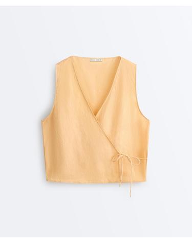오이쇼 100% 린넨 크로스 타이 민소매 탑 5423/106/337 BURNT YELLOW