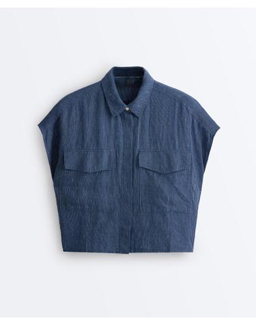 오이쇼 100% 린넨 스트라이프 포켓 셔츠 5360/106/412 BLUE MELANGE