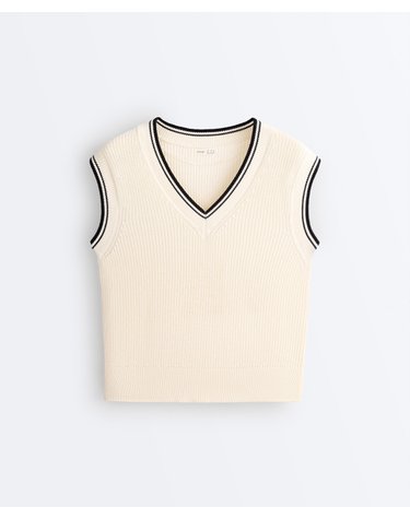 오이쇼 배색 브이넥 순면 니트 베스트 4853/277/959 PALE ECRU