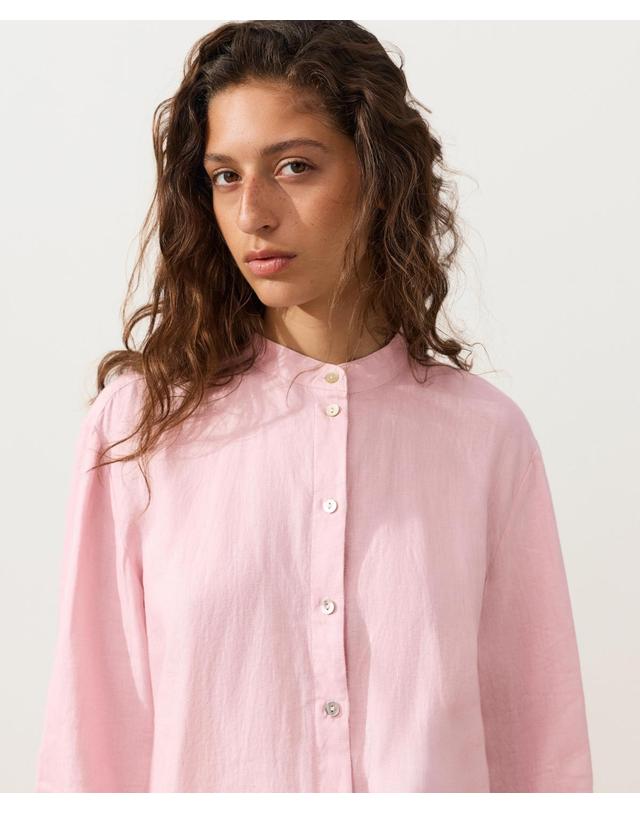 오이쇼 오이쇼 린넨 스탠드업 칼라 긴팔 셔츠 5363/109/625 PALE PINK 핑크 착용컷