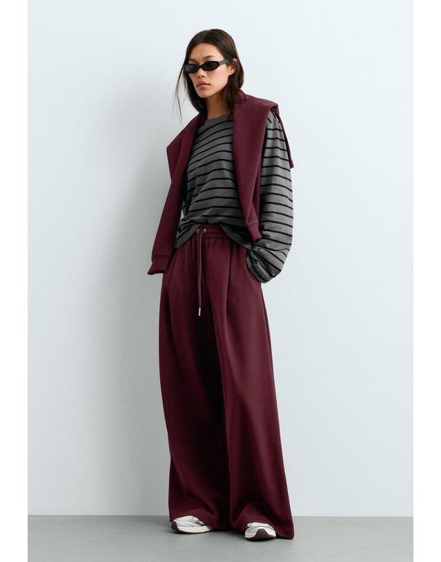 오이쇼 오이쇼 와이드 레그 드로스트링 팬츠 6657/990/606 BURGUNDY 레드 착용컷