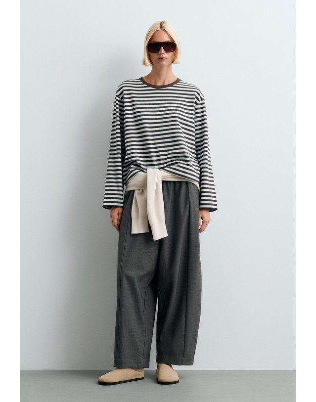 오이쇼 오이쇼 스트라이프 순면 긴팔 티셔츠 7562/172/038 CHARCOAL GREY 멀티컬러 착용컷