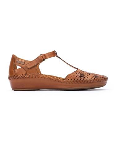 피콜리노스 펀칭 레더 T스트랩 플랫 샌들 PK655-0734 BRANDY