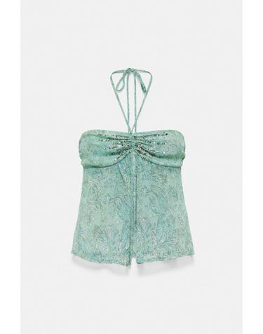 풀앤베어 홀터넥 타이 프린트 비즈 탑 3460/380 TURQUOISE
