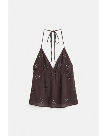 풀앤베어 비즈 홀터넥 브이넥 민소매 탑 3460/378 BROWN