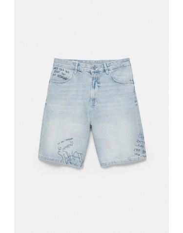 풀앤베어 자수 배기핏 데님 버뮤다 반바지 7667/520 PALE INDIGO