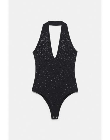 풀앤베어 라인스톤 홀터넥 민소매 바디수트 7231/316 BLACK