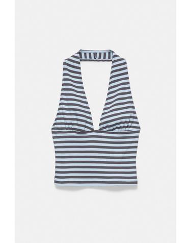 풀앤베어 스트라이프 홀터넥 크롭 탑 7230/366 BLUISH GREY