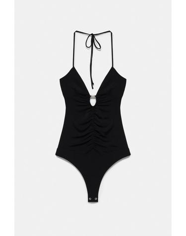 풀앤베어 홀터넥 셔링 바디수트 7230/431 BLACK