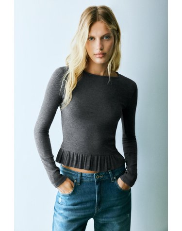 풀앤베어 프릴 슬림핏 크롭 긴팔 티셔츠 7233/333 GREY MARL
