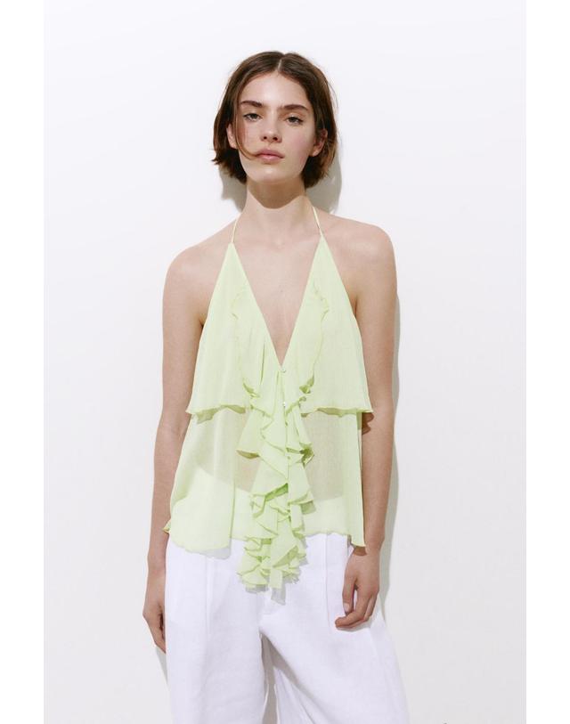 풀앤베어 풀앤베어 러플 홀터넥 오픈백 민소매 탑 7460/318 APPLE GREEN 연두 착용컷