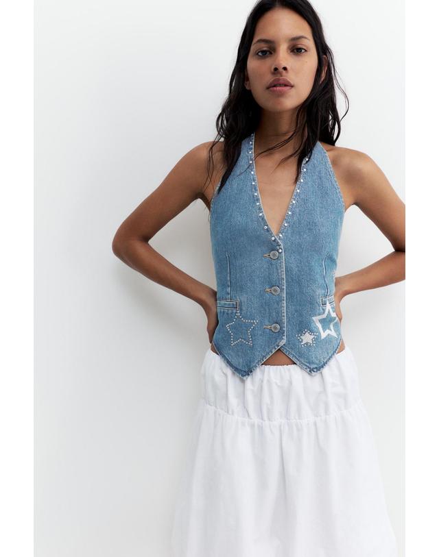 풀앤베어 풀앤베어 스타 스터드 홀터넥 데님 베스트 7460/310 MEDIUM BLUE 블루 착용컷