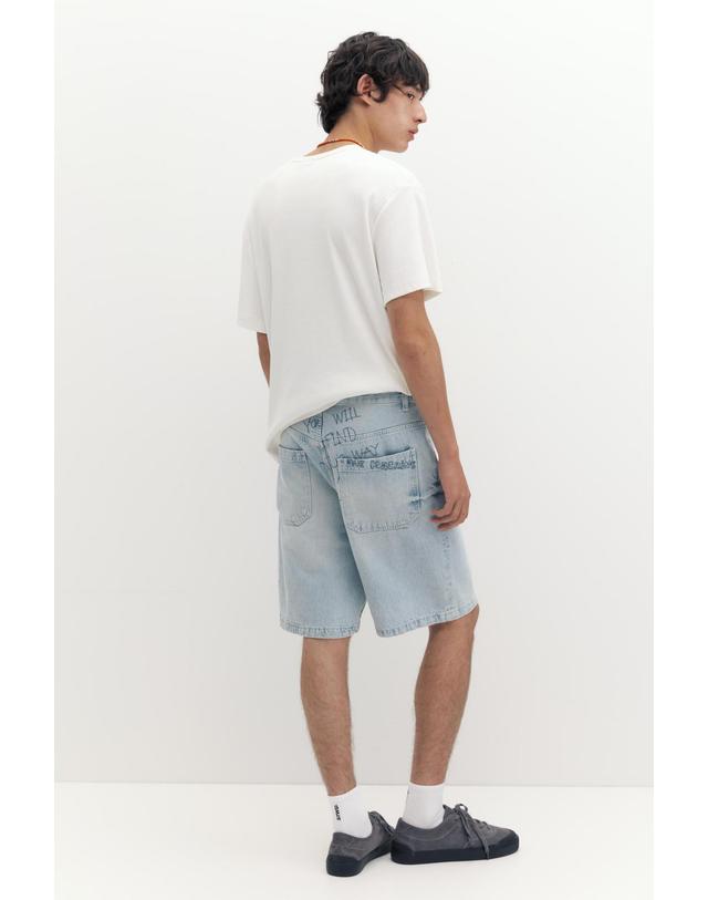 풀앤베어 풀앤베어 자수 배기핏 데님 버뮤다 반바지 7667/520 PALE INDIGO 블루 착용컷