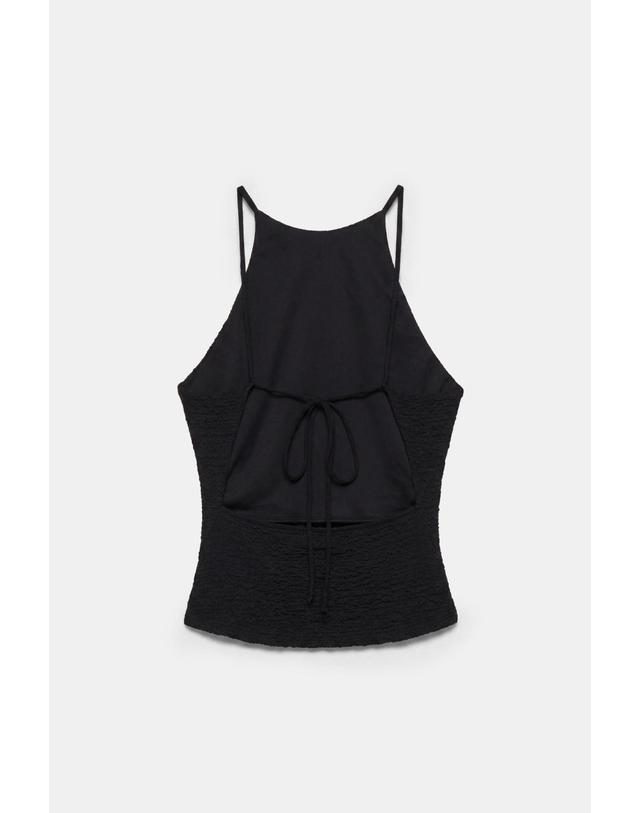 풀앤베어 풀앤베어 텍스처 홀터넥 오픈백 민소매 탑 7230/396 BLACK 블랙 착용컷