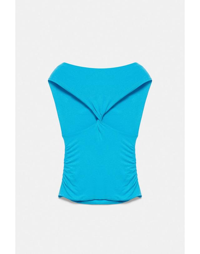 풀앤베어 풀앤베어 비대칭 타이백 셔링 탑 7230/394 TURQUOISE 블루 착용컷
