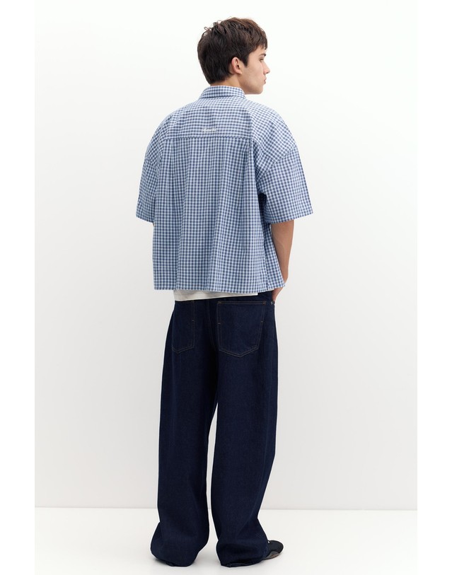 풀앤베어 풀앤베어 오버사이즈 코튼 체크 반팔 셔츠 7460/727 BLUE 블루 착용컷