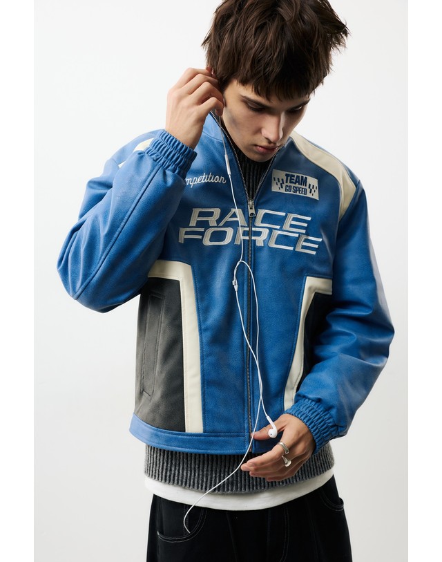 풀앤베어 풀앤베어 가죽 이펙트 레이싱 그래픽 자켓 7721/505 BLUE 블루 착용컷